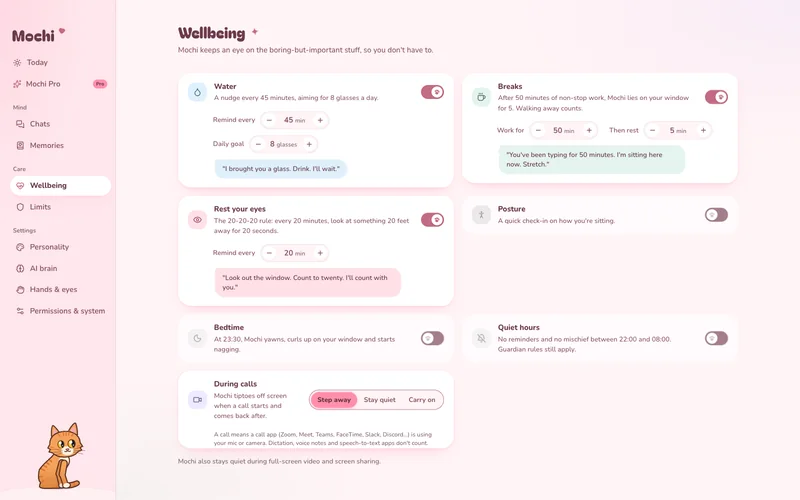 Wellbeing page with water, break, eye and bedtime reminders.